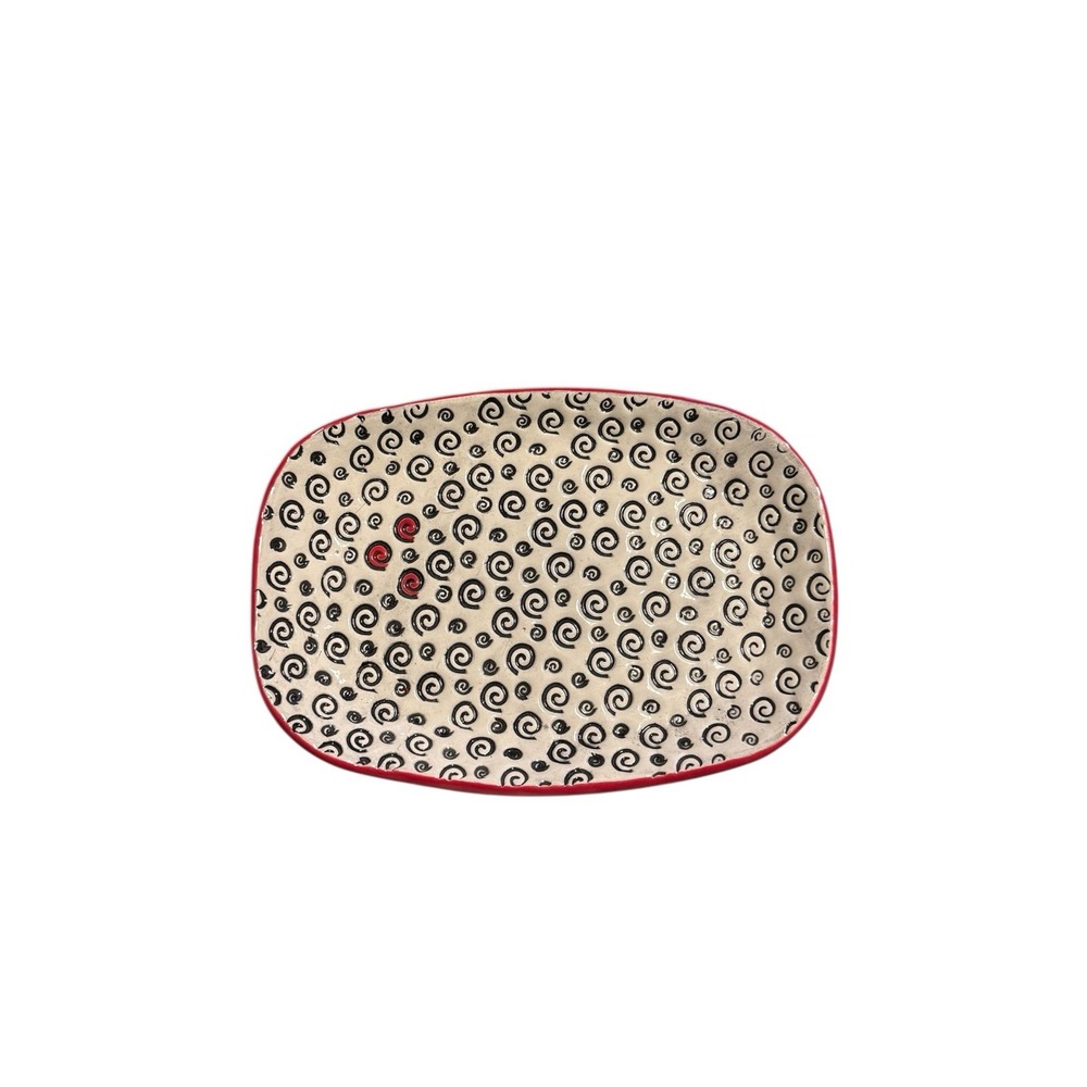 Handmade Pottery Dish - 8"‎ X 5.5" - Black, White And Red - Signed By Artist